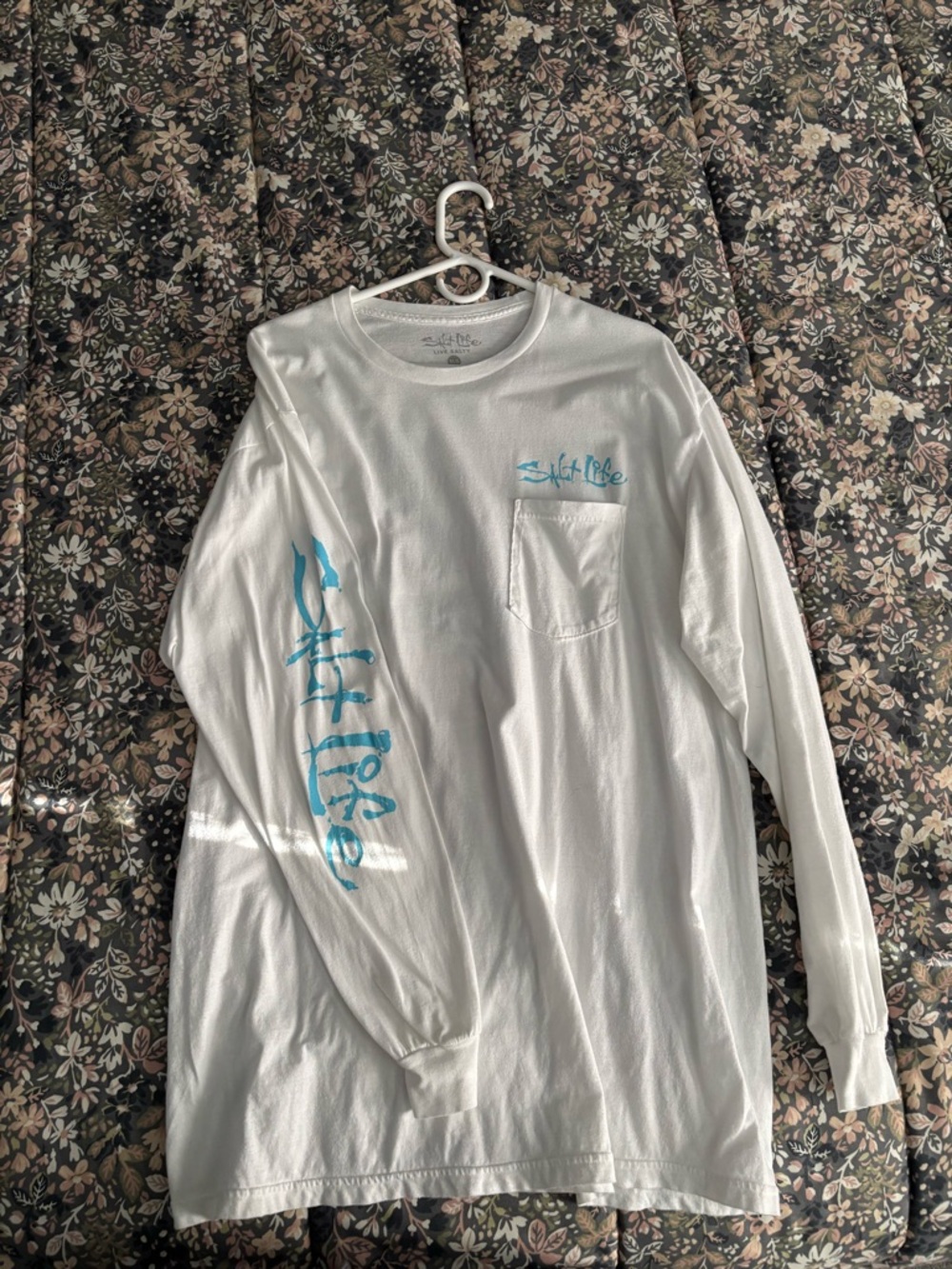 Salt Life White Long-Sleeve Pocket Tee with Aqua Script
